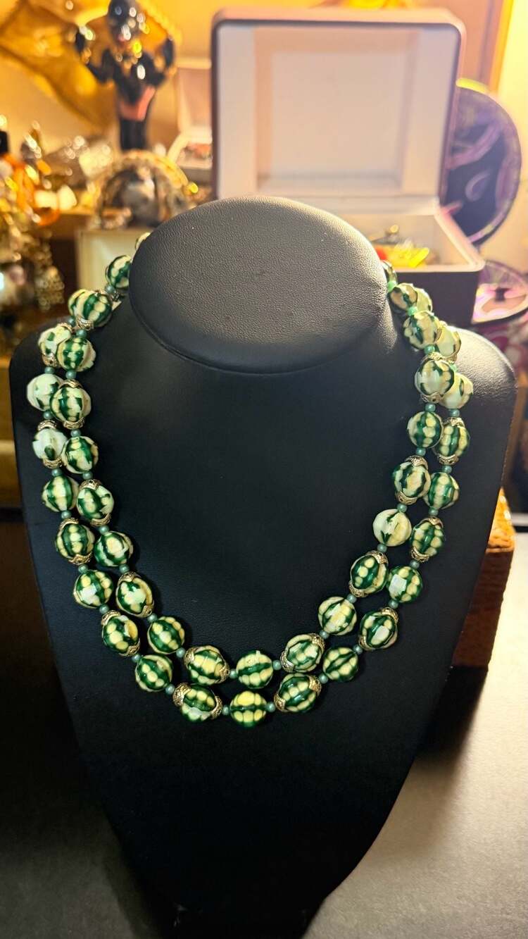 Vintage Two-Strand Green and White Swirl Slag Glass Bead Necklace Japan